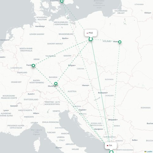 Poznań – Tirana suoran lennon kartta