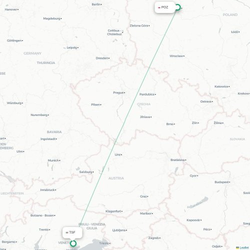 Mapa lotu bezpośredniego Poznań – Wenecja