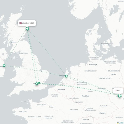 Mapa lotu bezpośredniego Praga – Aberdeen
