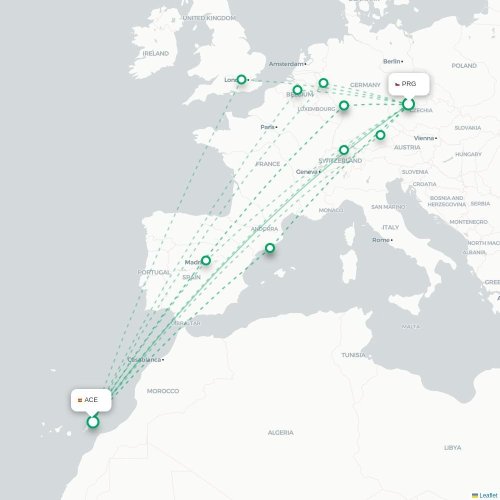 Mapa de vuelo directo Praga - Arrecife