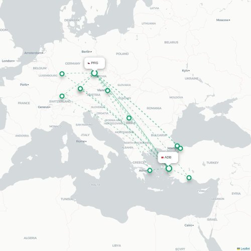 Mapa lotu bezpośredniego Praga – Izmir