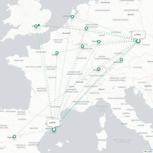 Mapa lotu bezpośredniego Praga – Barcelona
