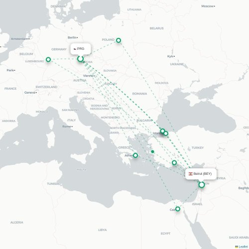 Mapa lotu bezpośredniego Praga – Bejrut