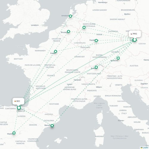 Mapa lotu bezpośredniego Praga – Bilbao