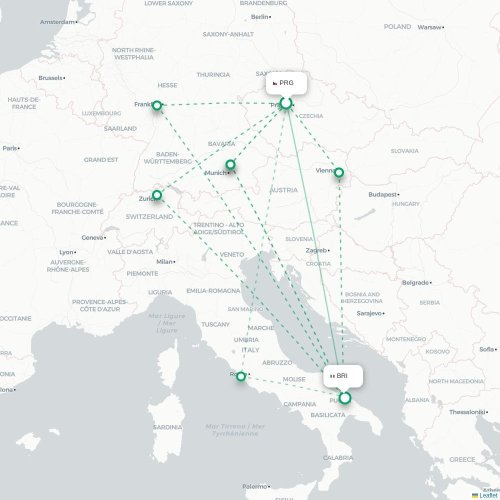 Mapa lotu bezpośredniego Praga – Bari