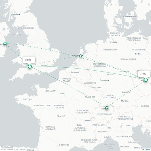 Mapa lotu bezpośredniego Praga – Bristol