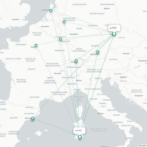 Mapa lotu bezpośredniego Praga – Cagliari
