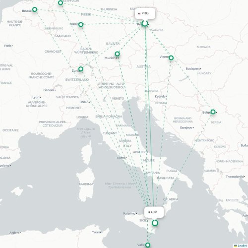 Mapa lotu bezpośredniego Praga – Katania