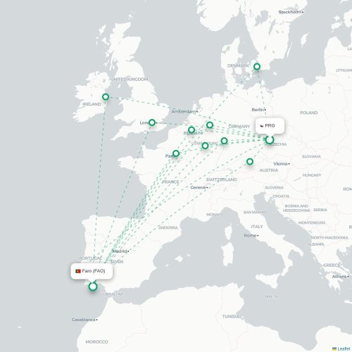 Mapa lotu bezpośredniego Praga – Faro