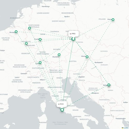 Mapa lotu bezpośredniego Praga – Rzym