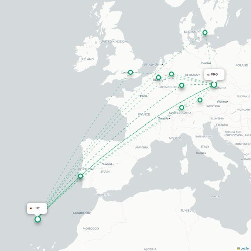 Mapa lotu bezpośredniego Praga – Funchal