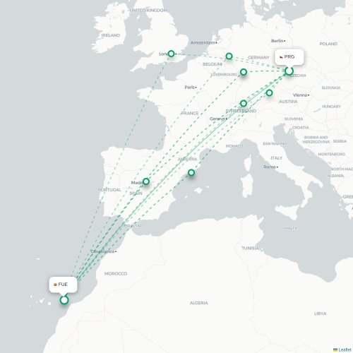 Mapa lotu bezpośredniego Praga – Puerto del Rosario