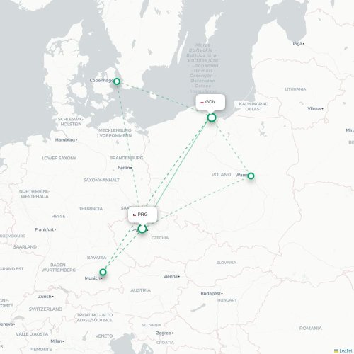 Mapa lotu bezpośredniego Praga – Gdańsk