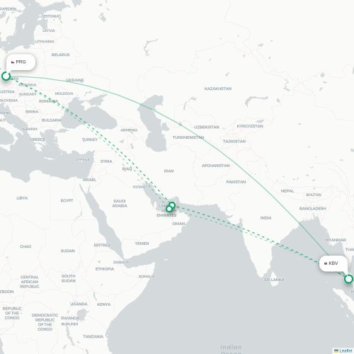 Mapa lotu bezpośredniego Praga – Krabi