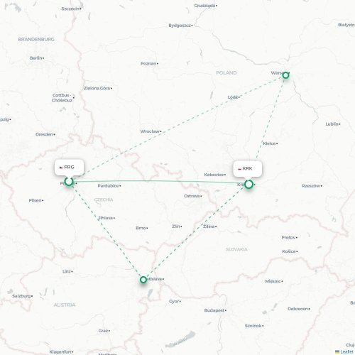Mapa lotu bezpośredniego Praga – Kraków