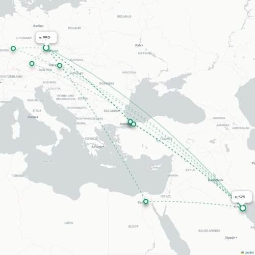Mapa lotu bezpośredniego Praga – Kuwejt