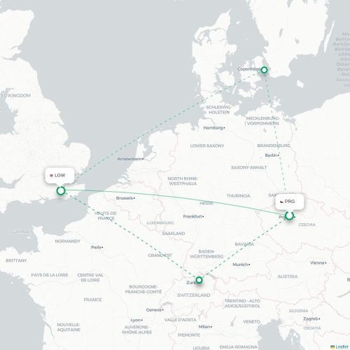 Mapa lotu bezpośredniego Praga – Londyn