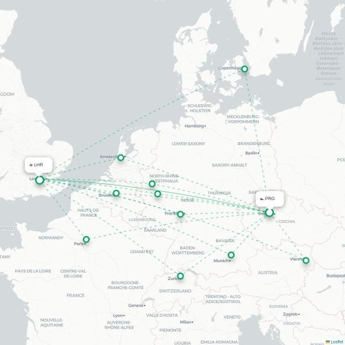 Mapa lotu bezpośredniego Praga – Londyn