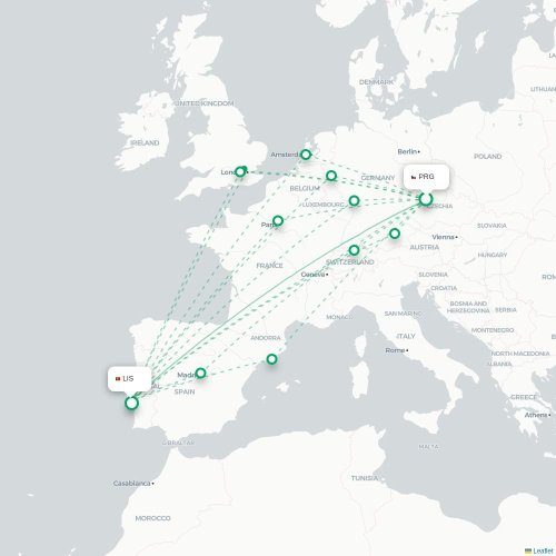 Mapa lotu bezpośredniego Praga – Lizbona