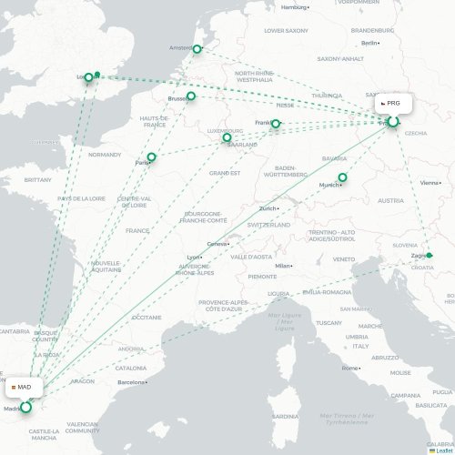 Mapa lotu bezpośredniego Praga – Madryt