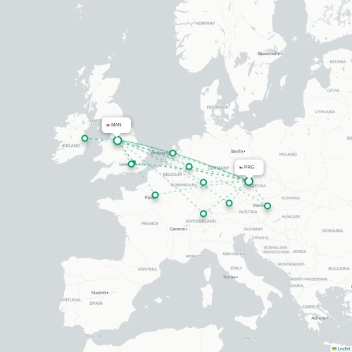 Mapa lotu bezpośredniego Praga – Manchester