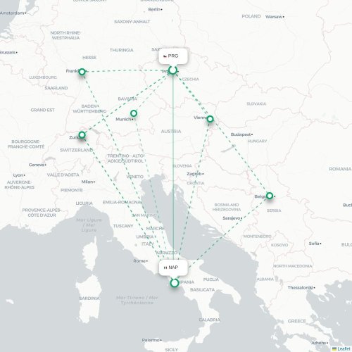 Mapa lotu bezpośredniego Praga – Neapol