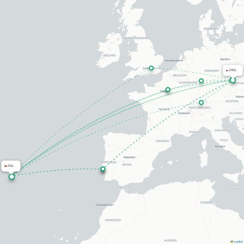 Mapa lotu bezpośredniego Praga – Ponta Delgada