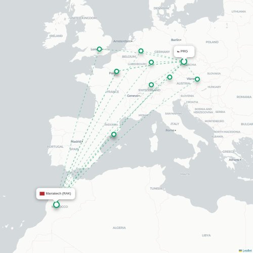 Mapa lotu bezpośredniego Praga – Marrakesz