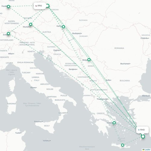 Mapa lotu bezpośredniego Praga – Rodos