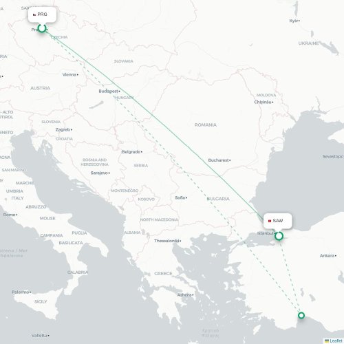 Mapa lotu bezpośredniego Praga – Stambuł