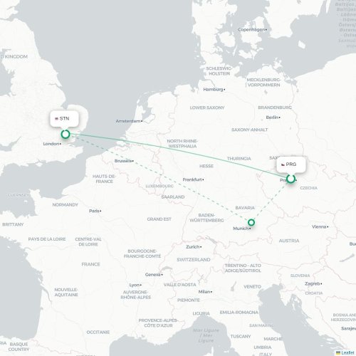 Mapa lotu bezpośredniego Praga – Londyn