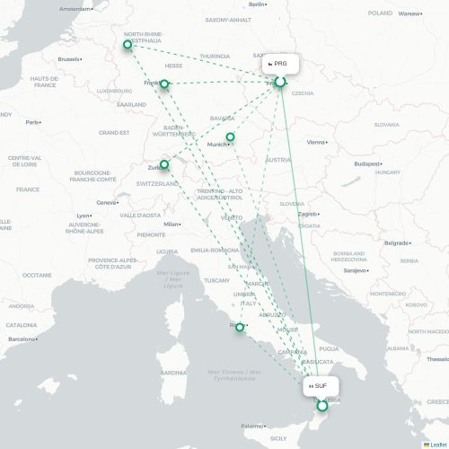 Mapa lotu bezpośredniego Praga – Lamezia Terme
