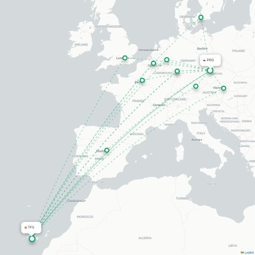 Mapa lotu bezpośredniego Praga – Granadilla