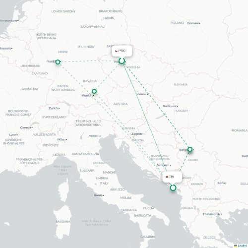 Mapa lotu bezpośredniego Praga – Tivat