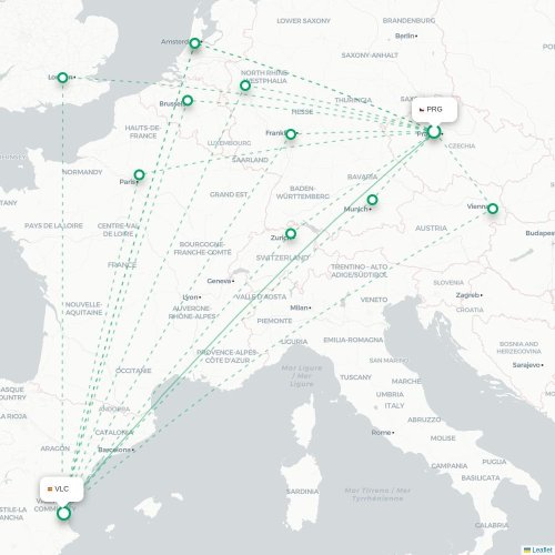 Mapa de vuelo directo Praga - Valencia