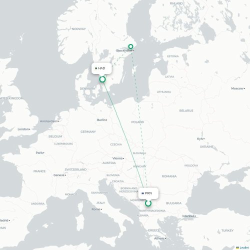 Pristina - Halmstad kaart van rechtstreekse vlucht