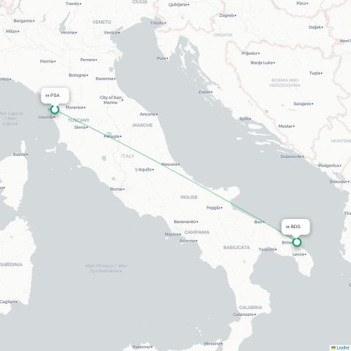 Mapa lotu bezpośredniego Piza – Brindisi