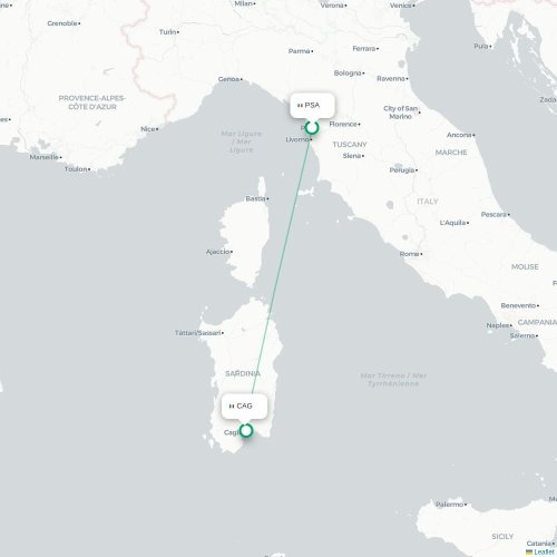 Mapa lotu bezpośredniego Piza – Cagliari
