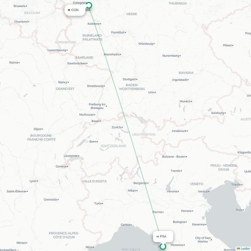 Pisa - Keulen kaart van rechtstreekse vlucht