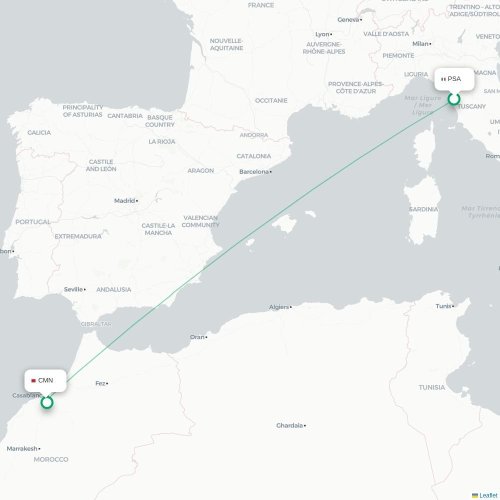 Mapa lotu bezpośredniego Piza – Casablanca