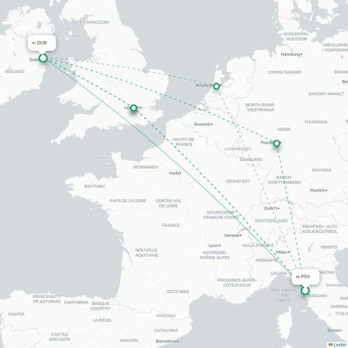 Mapa lotu bezpośredniego Piza – Dublin