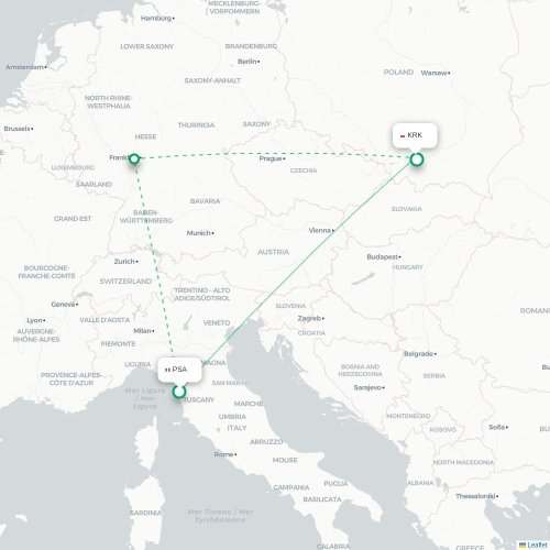 Mapa lotu bezpośredniego Piza – Kraków