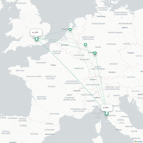 Mapa lotu bezpośredniego Piza – Londyn
