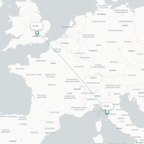 Mapa lotu bezpośredniego Piza – Londyn