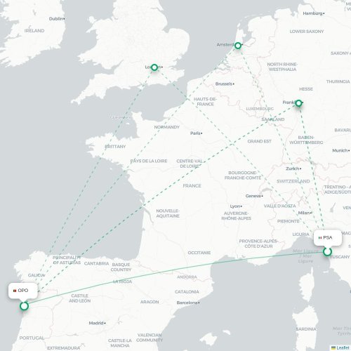 Mapa de vuelo directo Pisa - Oporto