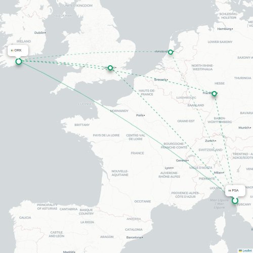 Mapa de vuelo directo Pisa - Cork