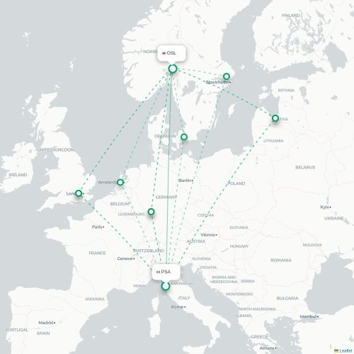 Pisa - Oslo karta över direktflyg