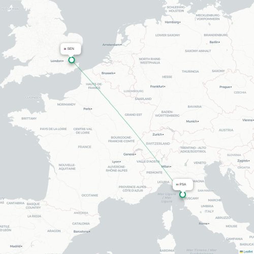 Mapa lotu bezpośredniego Piza – Londyn