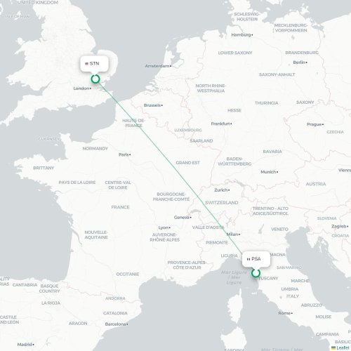 Mapa lotu bezpośredniego Piza – Londyn