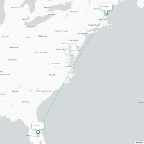 Mapa de vuelo directo Portsmouth - Orlando